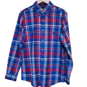 CHAPS M STRETCH OXFORD RED & BLUE PLAID LONGSLEVE BUTTON DOWN SHIRT